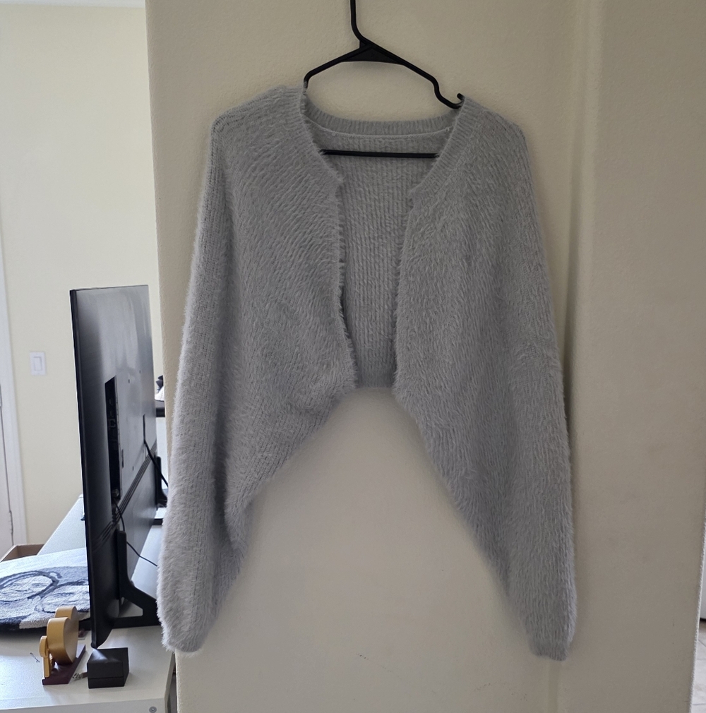 NWT Grey Cropped Knit Sweater Girlcore Soft Girl Aesthetic Layering Faux Fur M - Picture 2 of 7